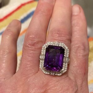 New Purple real amethyst Halo Statement Ring with moissanite size 7